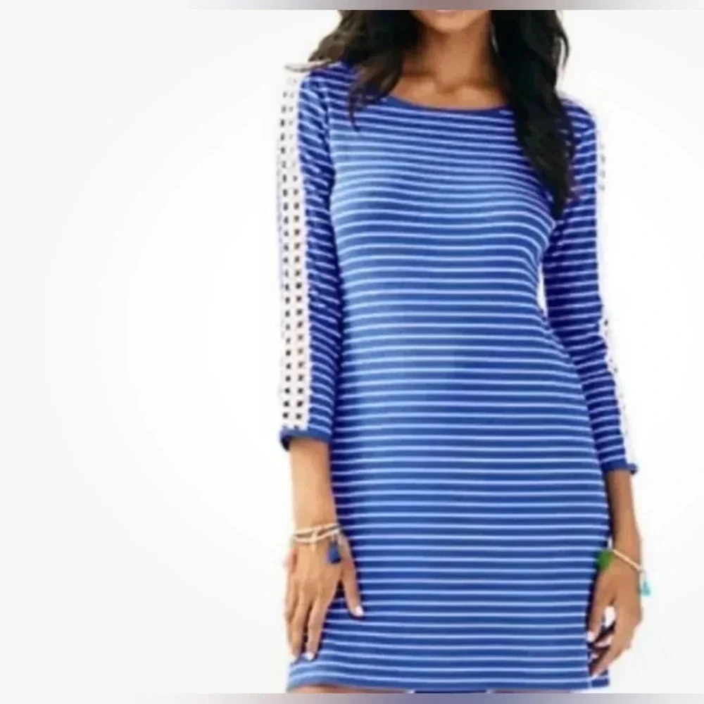 Lilly Pulitzer Marlowe Dress Beacon Blue Breeze Stripe White 3/4 Sleeve Size S